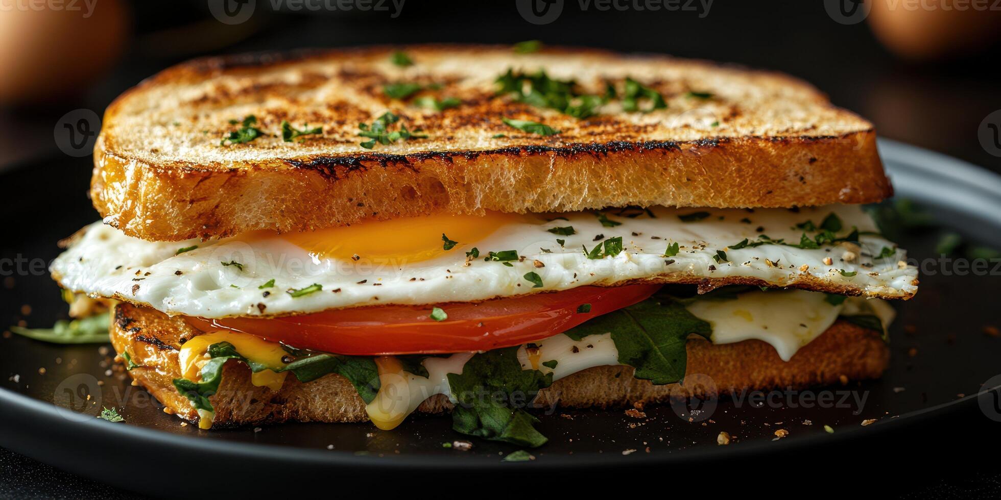 Delicious breakfast sandwich with eggs, spinach, and tomatoes on toasted bread served on a black plate photo