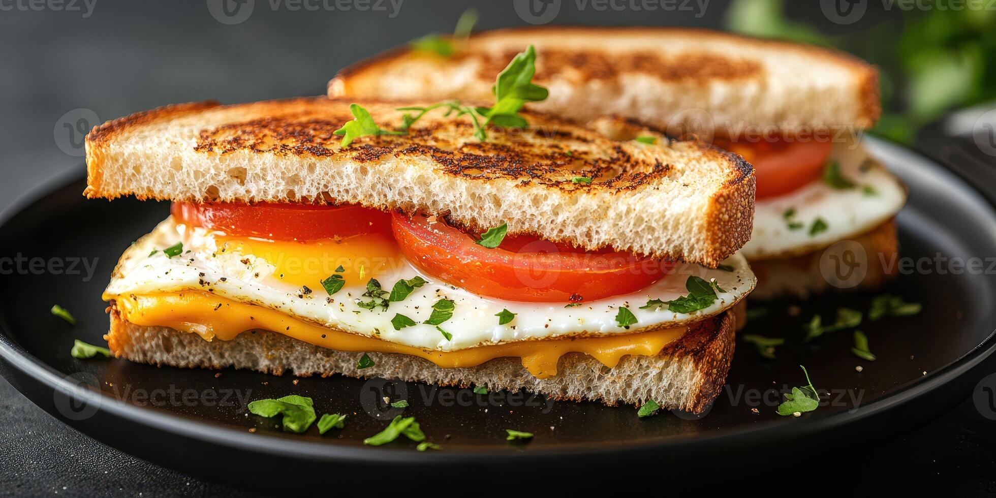 Delicious breakfast sandwich with eggs, cheese, and tomatoes on toasted bread served on a dark plate photo