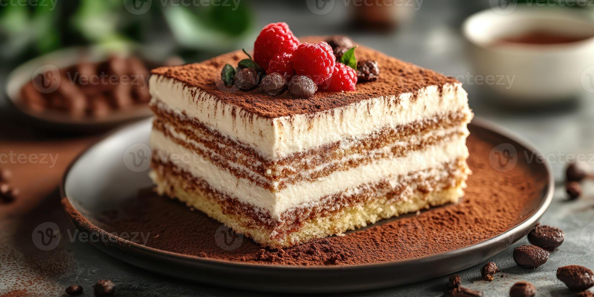 Delicious layered dessert topped with fresh raspberries and cocoa powder on a rustic table setting photo