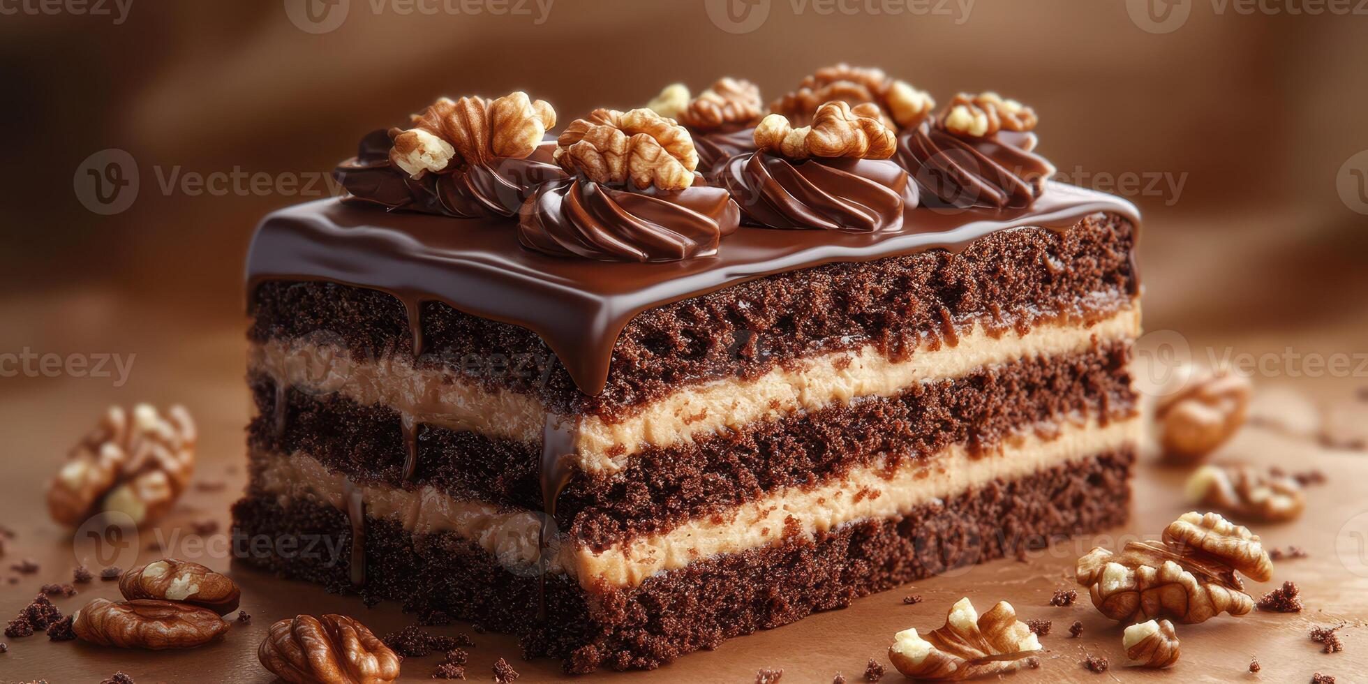 Decadent chocolate layer cake topped with nuts served on a wooden table photo