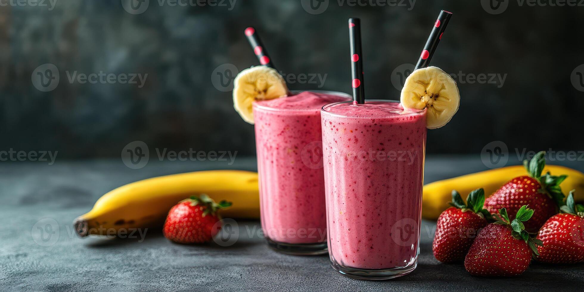 Fresh strawberry banana smoothie served in clear glasses with black straws and fruit garnishes on a dark countertop photo