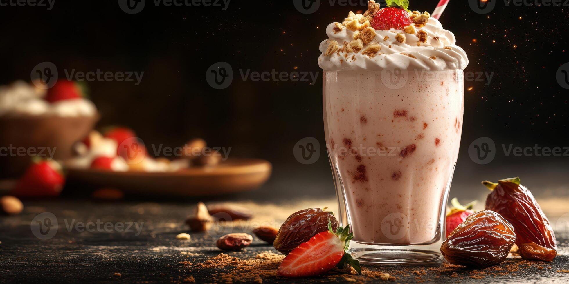 Creamy strawberry shake garnished with whipped cream and nuts on a dark wooden table photo