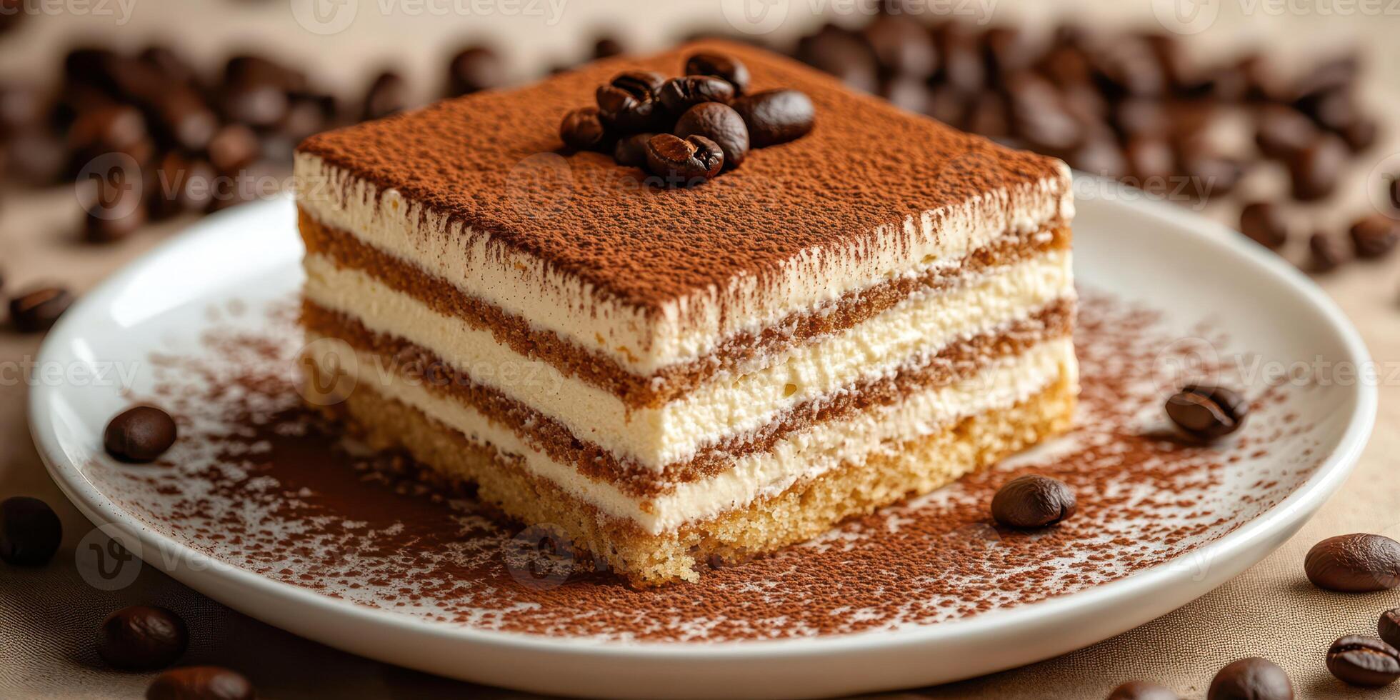 Delightful layers of tiramisu adorned with coffee beans on a white plate ready for dessert enjoyment photo