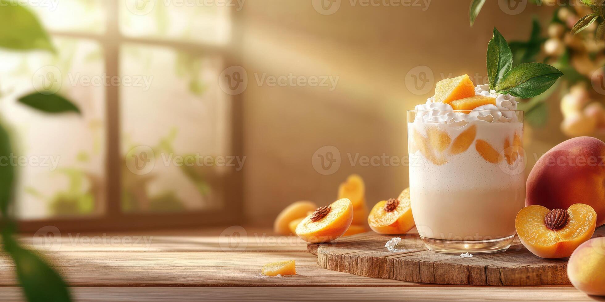 Creamy fruit dessert with peaches and cream served in a sunny kitchen setting during the afternoon photo