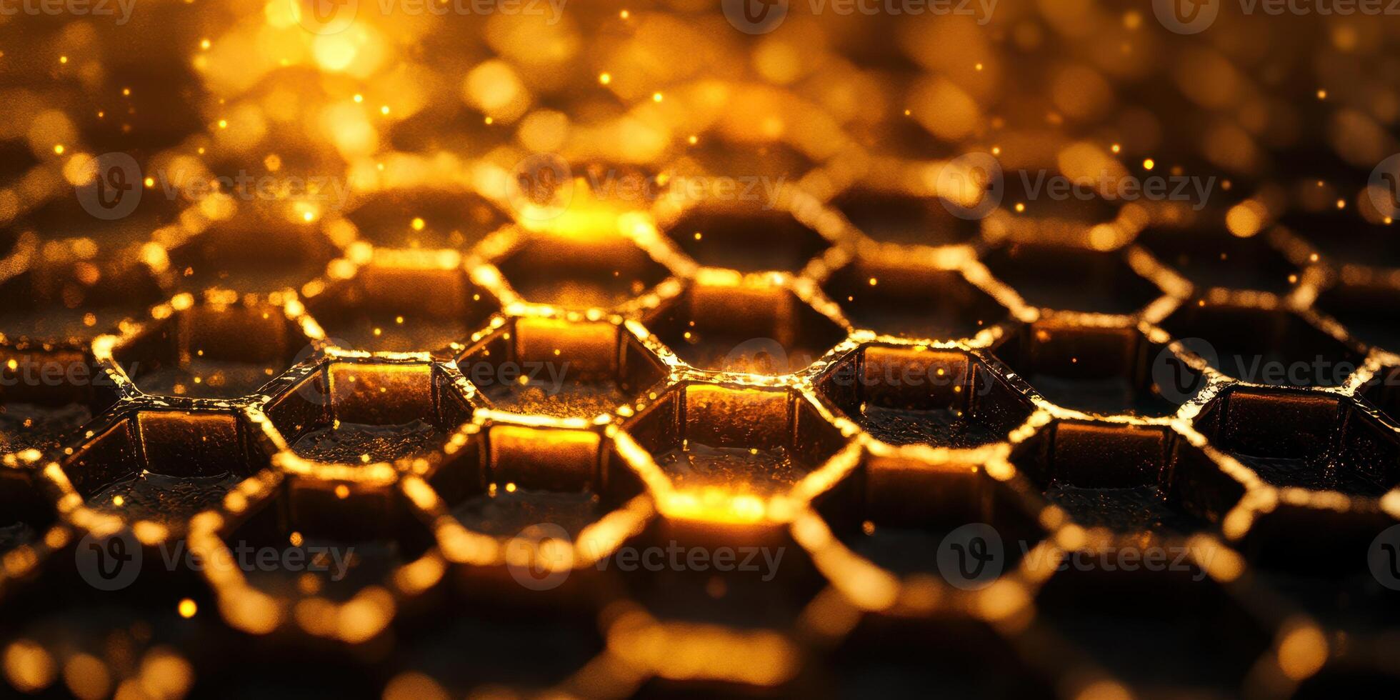 Shimmering honeycomb structure illuminated by warm golden light in an abstract setting photo