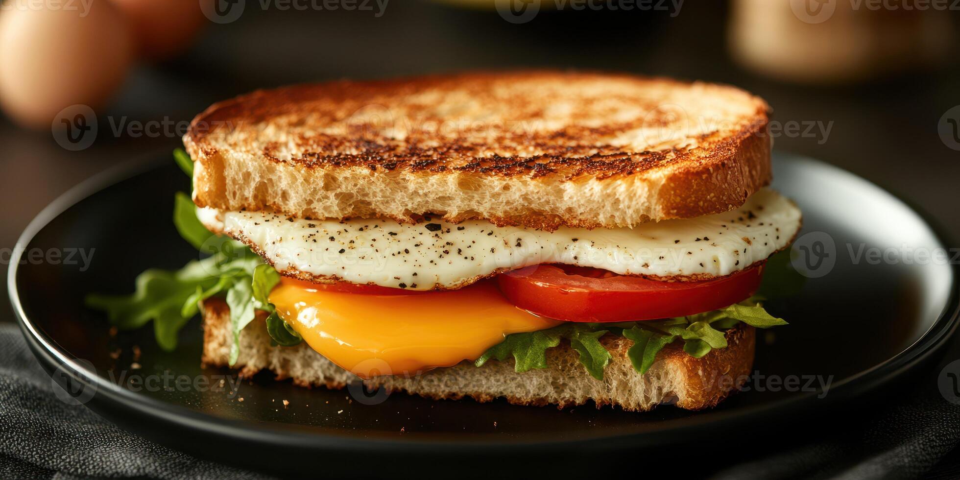 Delicious breakfast sandwich featuring egg, cheese, and fresh vegetables on toasted bread photo