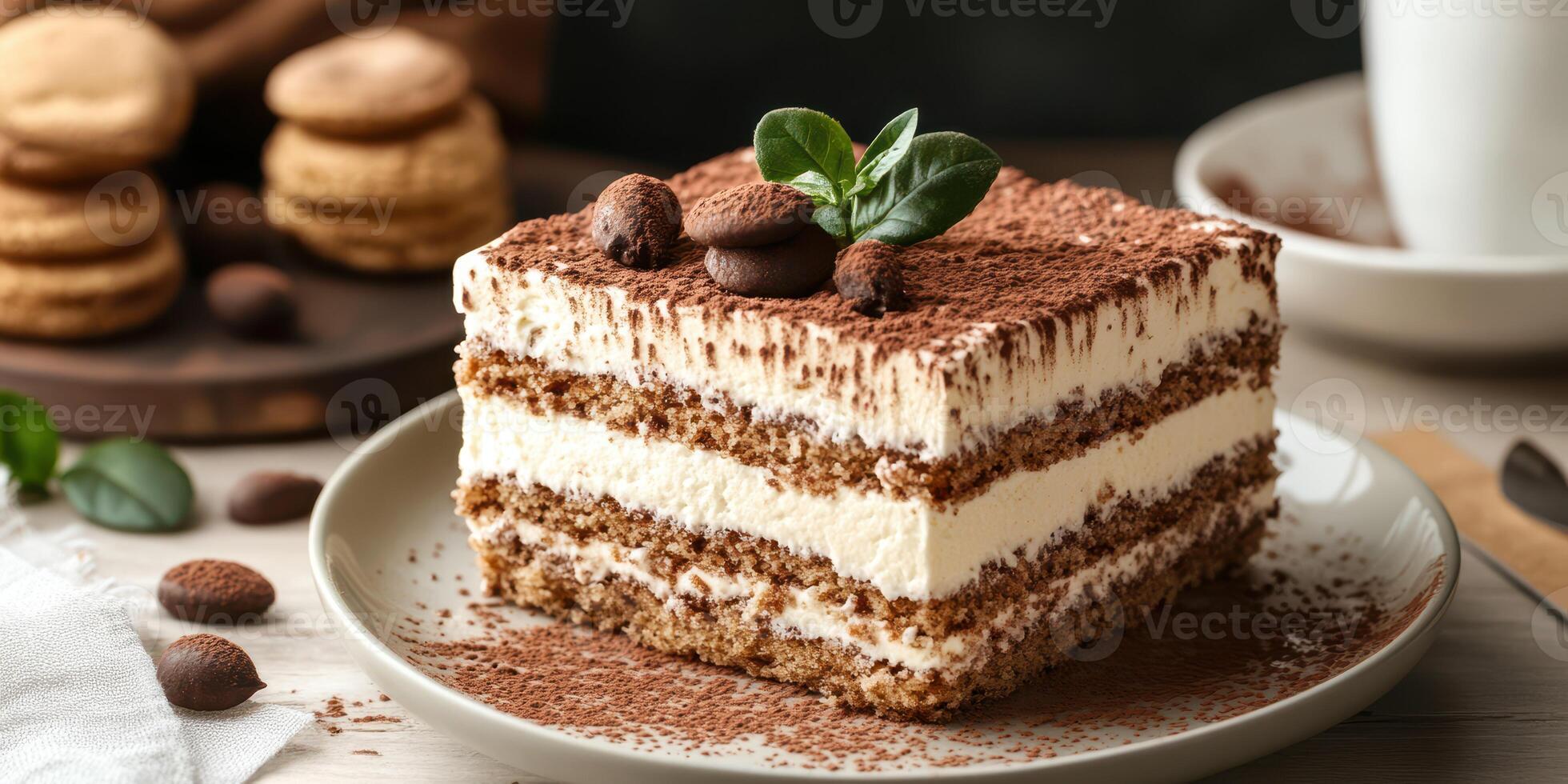 Delicious layered dessert with cream, cocoa, and coffee accents on a plate in a cozy setting photo