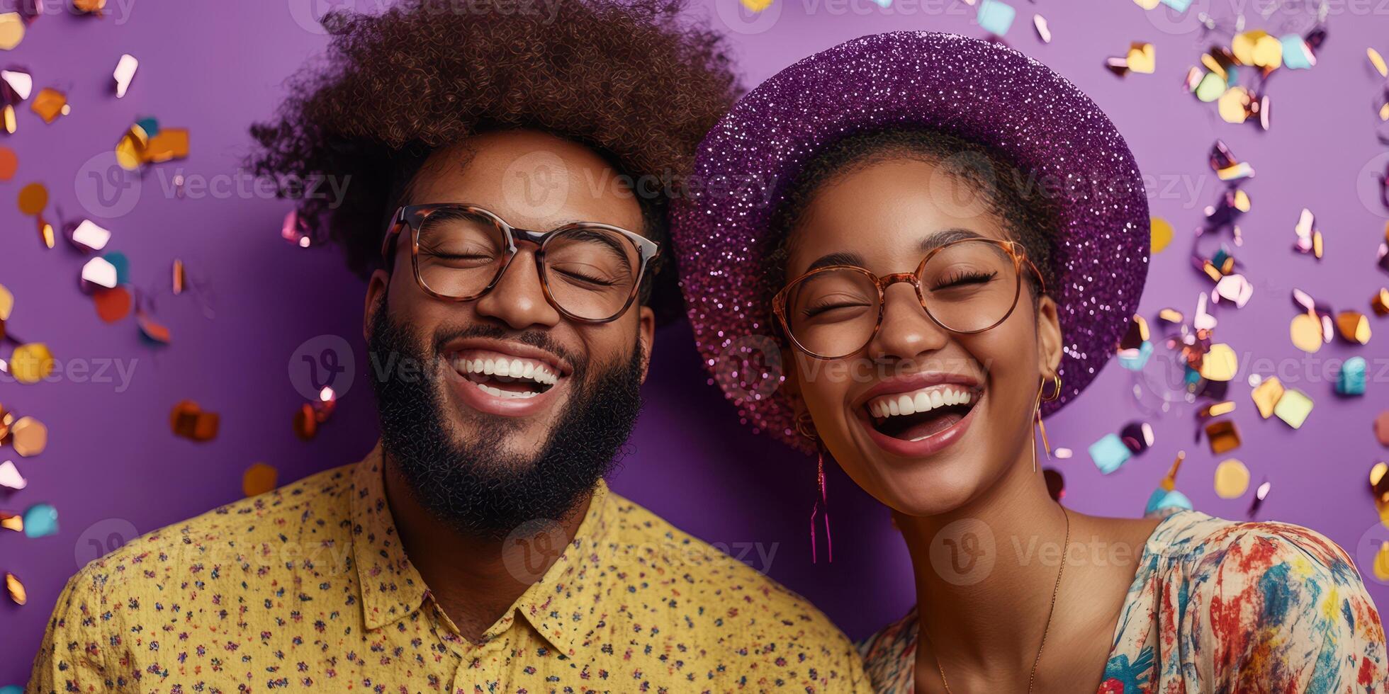 Joyful couple celebrating with confetti against a purple backdrop during a festive event photo