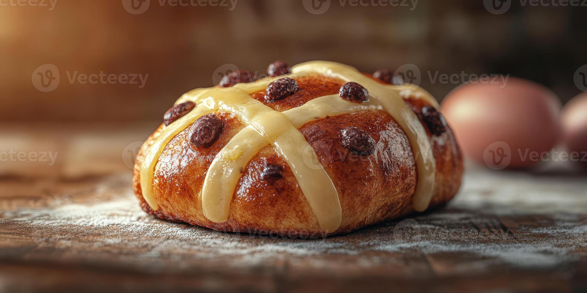 Delicious freshly baked hot cross bun with rich glaze and currants on a rustic wooden surface photo