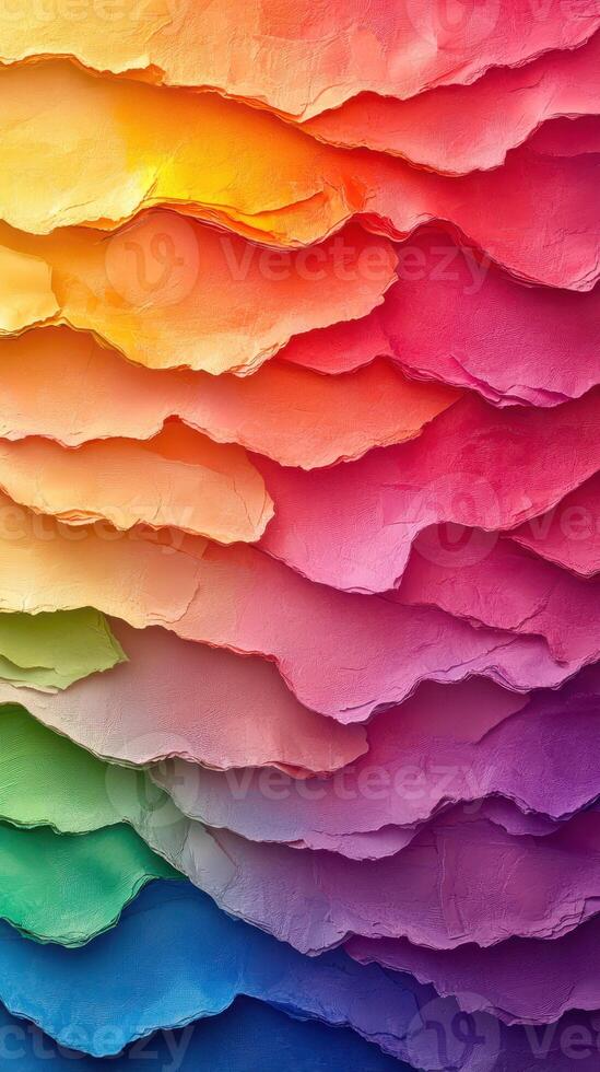 Colorful layered paper artwork showcasing a vibrant gradient of hues from warm tones to cool shades photo