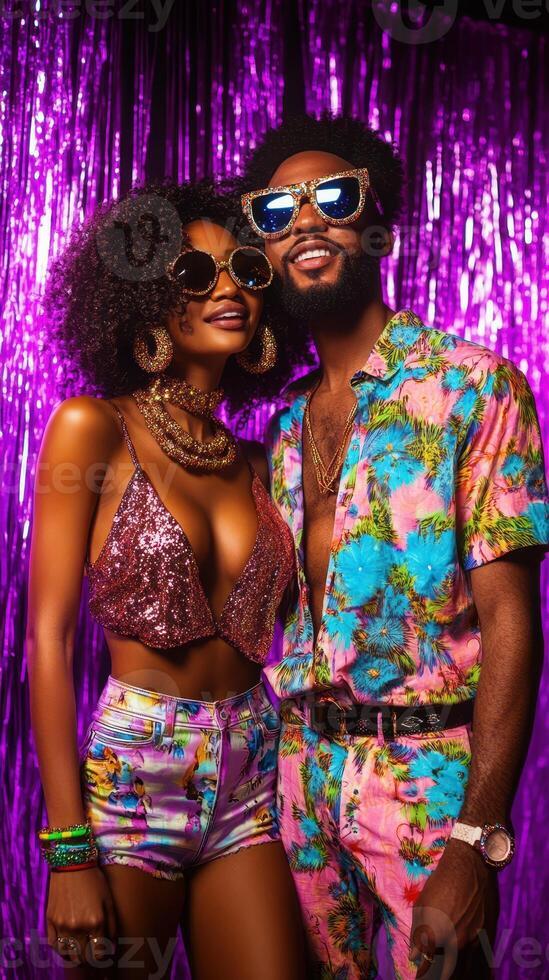 Vibrant couple enjoying a night out in colorful outfits at a neon-lit party in a lively urban setting photo