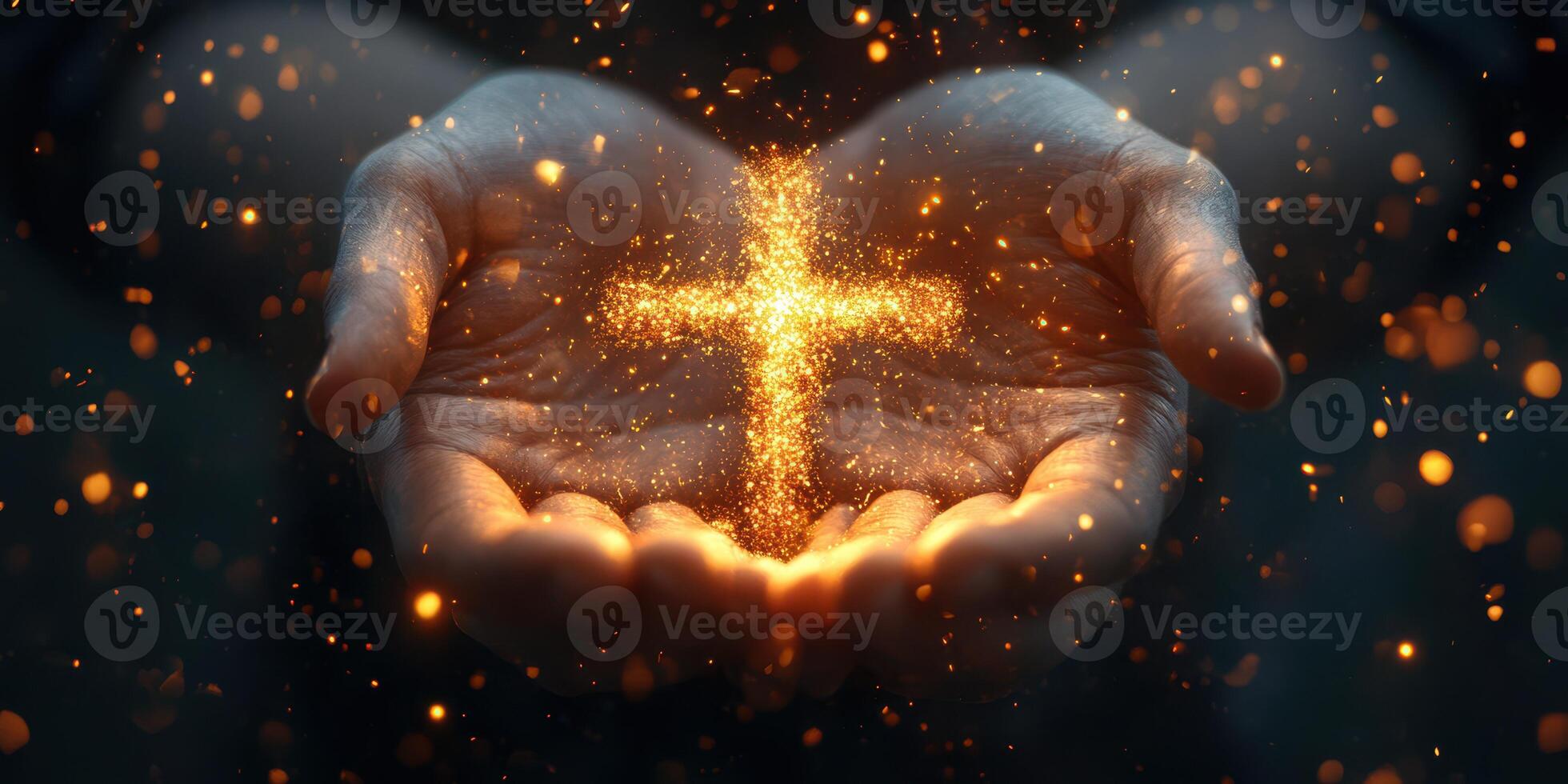 Spiritual hands hold a glowing cross symbol surrounded by golden light particles in a serene setting photo