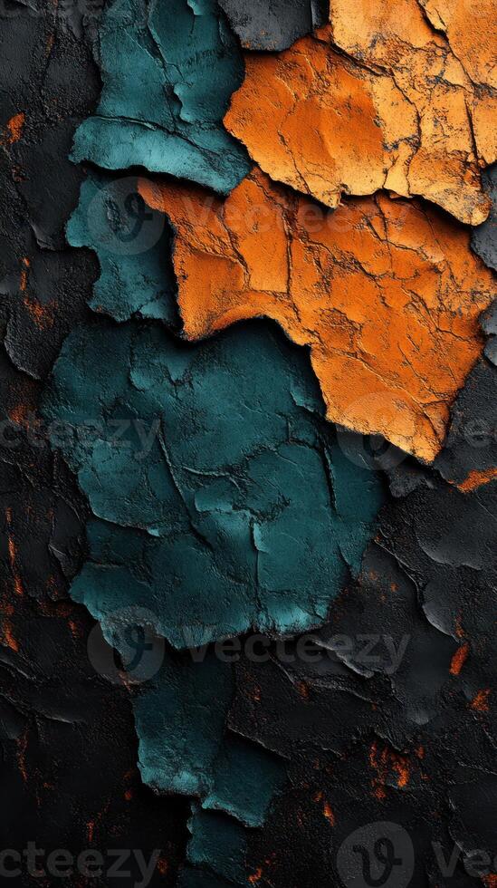 Colorful textured surface with orange and teal patches against a dark background photo