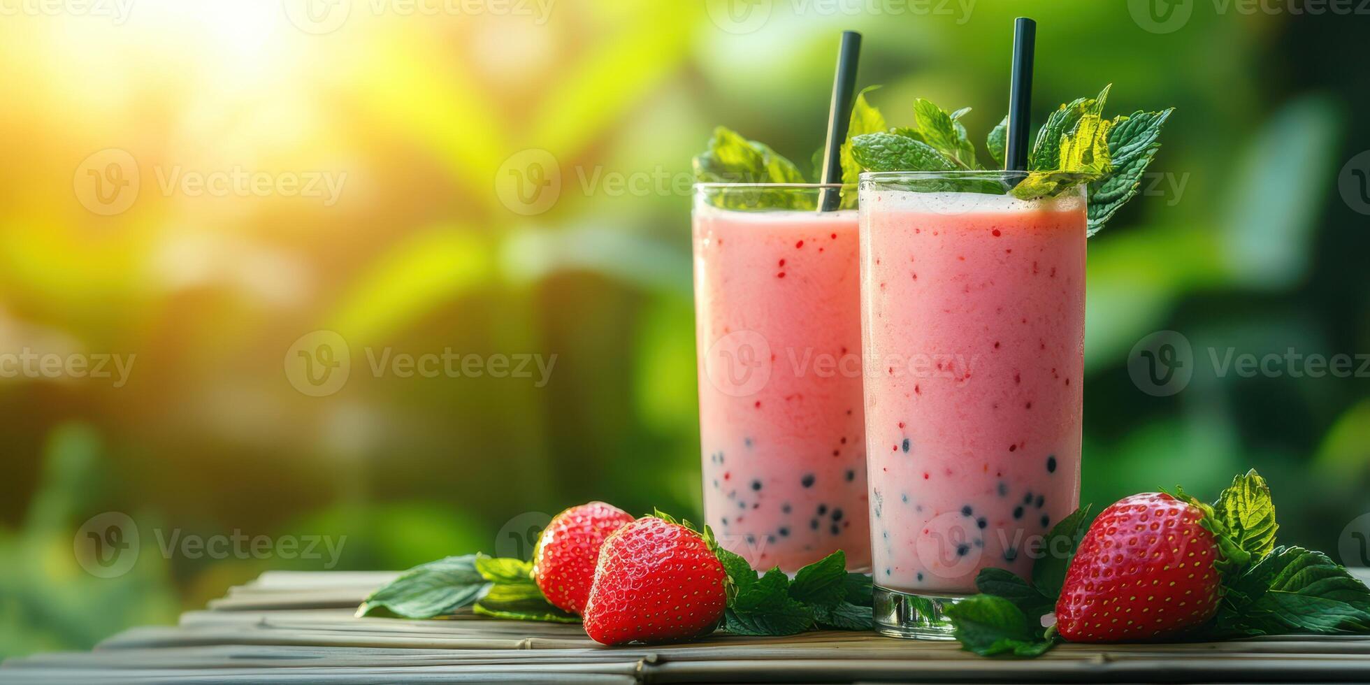Refreshing strawberry smoothies are served in a serene garden setting during the golden hour of sunset photo