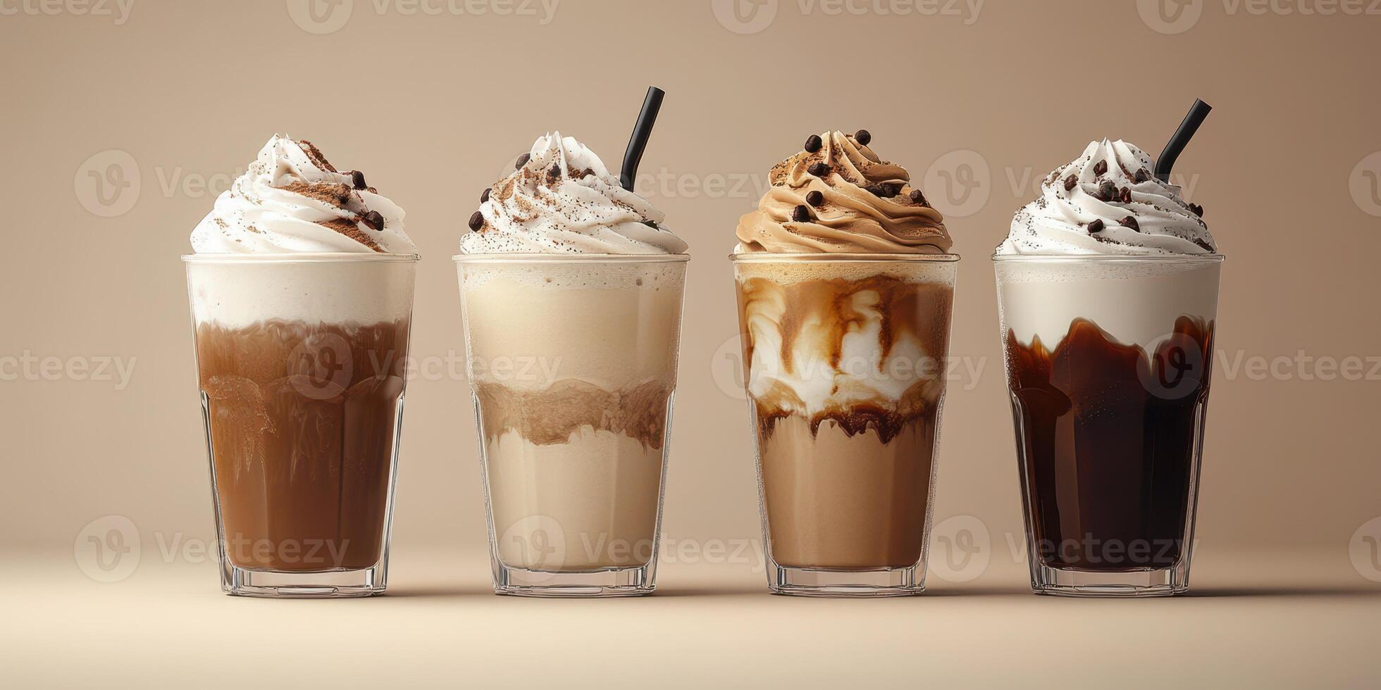 Various delicious milkshakes displayed in clear glasses with whipped cream and toppings on a neutral background photo