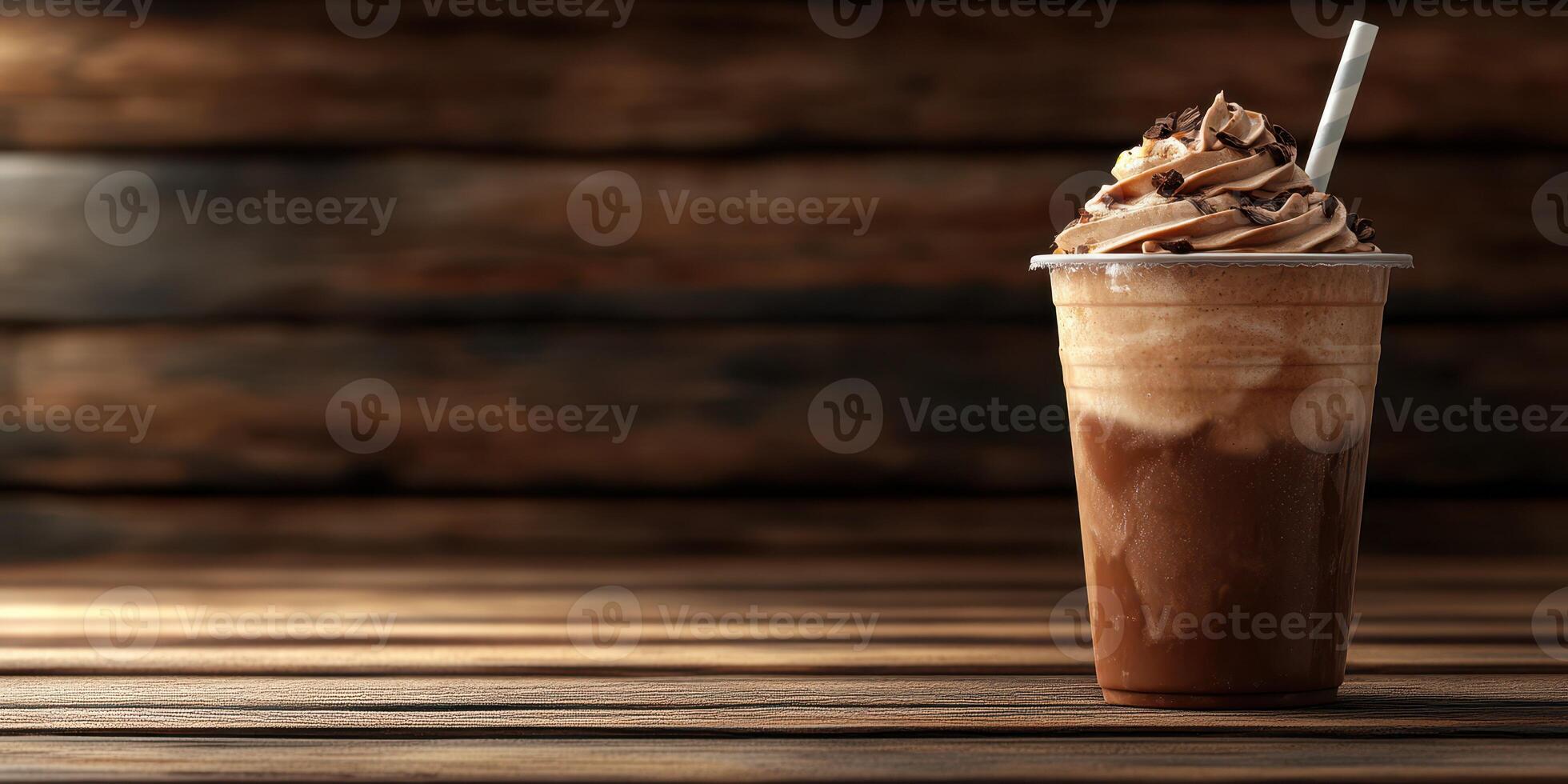 Delicious chocolate dessert drink topped with whipped cream and chocolate shavings placed on rustic wooden table photo