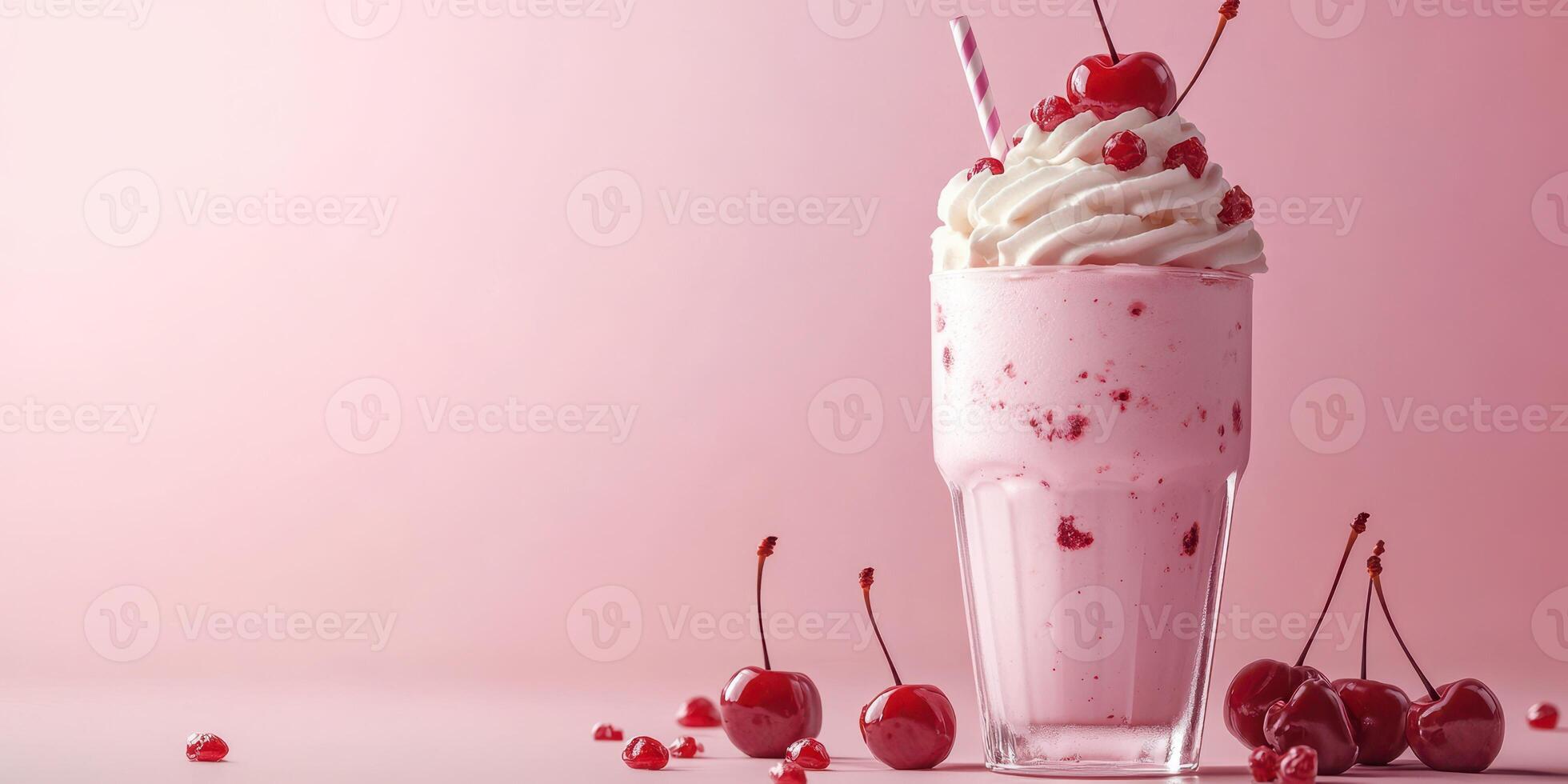 Refreshing cherry milkshake served in a tall glass with whipped cream on top against a pink background photo