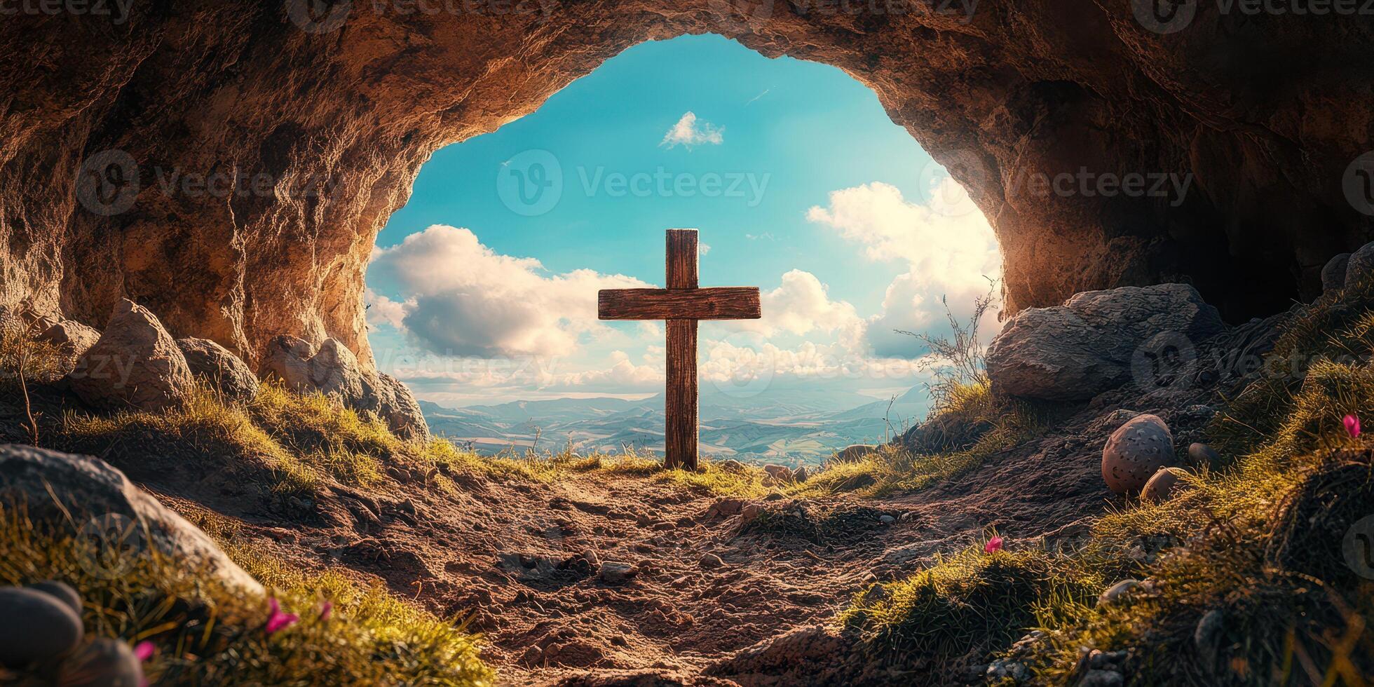 Wooden cross stands in a serene cave with a view of blue sky and rolling hills in the background during bright daylight photo