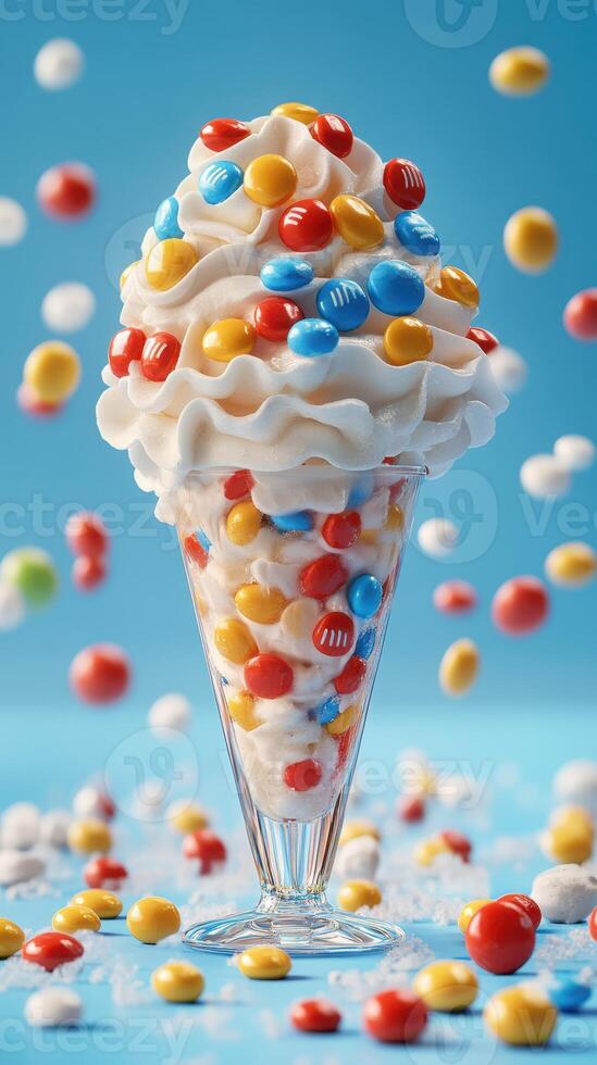 Colorful dessert with soft serve ice cream and candy scattered on a bright blue background photo
