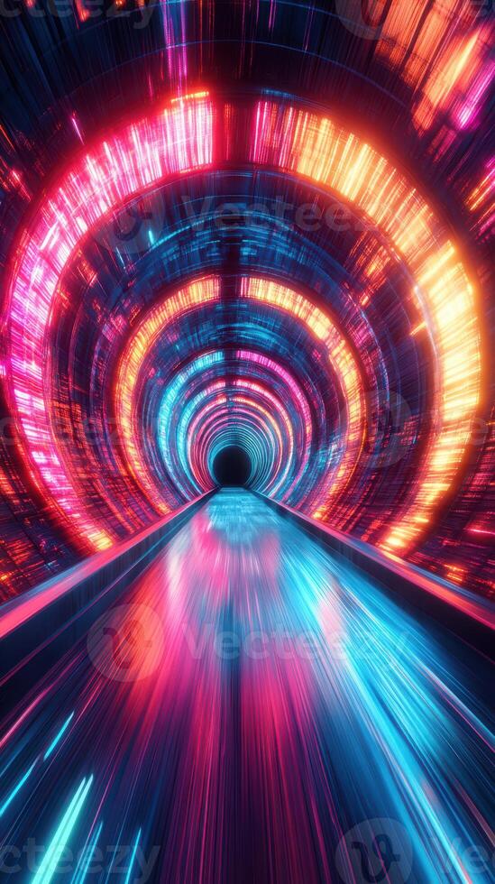 Vibrant tunnel lights create a futuristic passageway filled with dynamic colors and glowing patterns photo