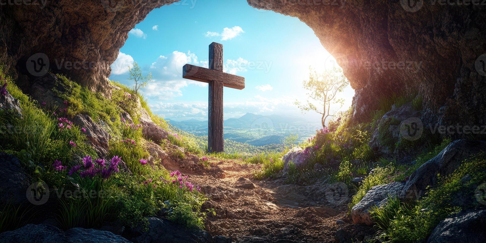 Cross stands elegantly at the entrance of a serene cave with lush greenery and mountains in the background during daylight hours photo
