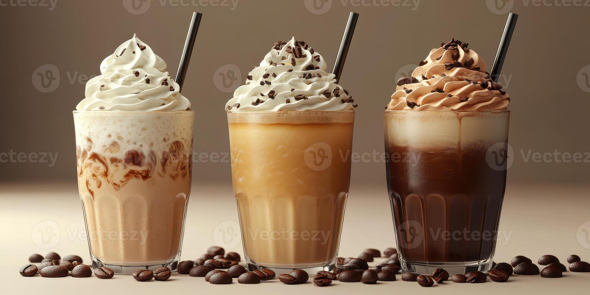 Three decadent coffee beverages with whipped cream and chocolate toppings displayed on a wooden table photo