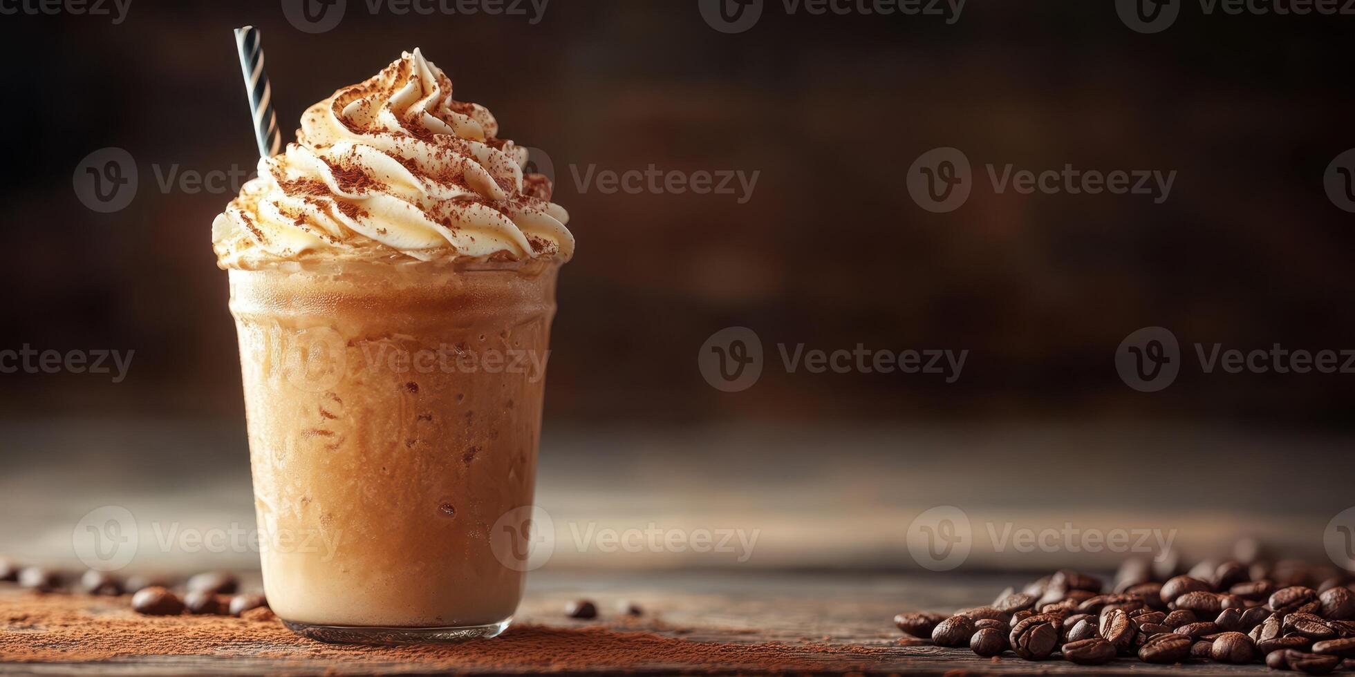 Creamy iced coffee topped with whipped cream and chocolate shavings on rustic table photo