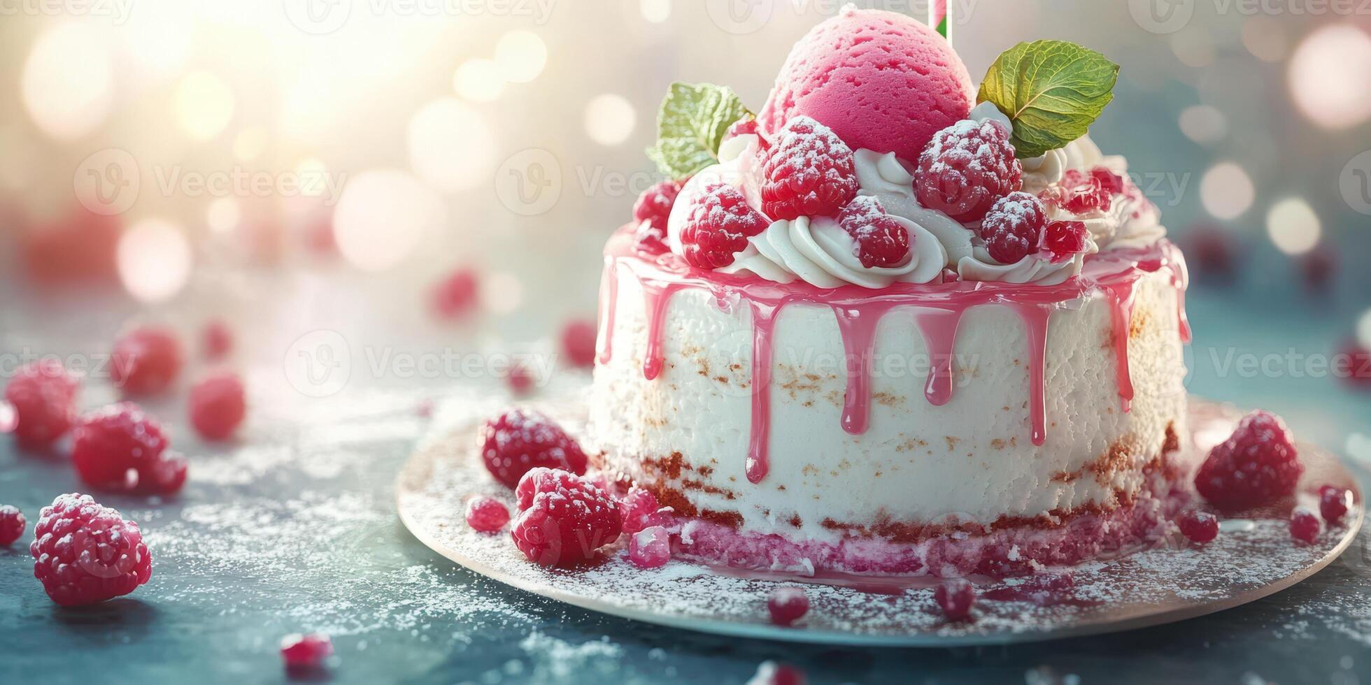 Delightful raspberry cake topped with ice cream and fresh berries during a sunny afternoon gathering photo