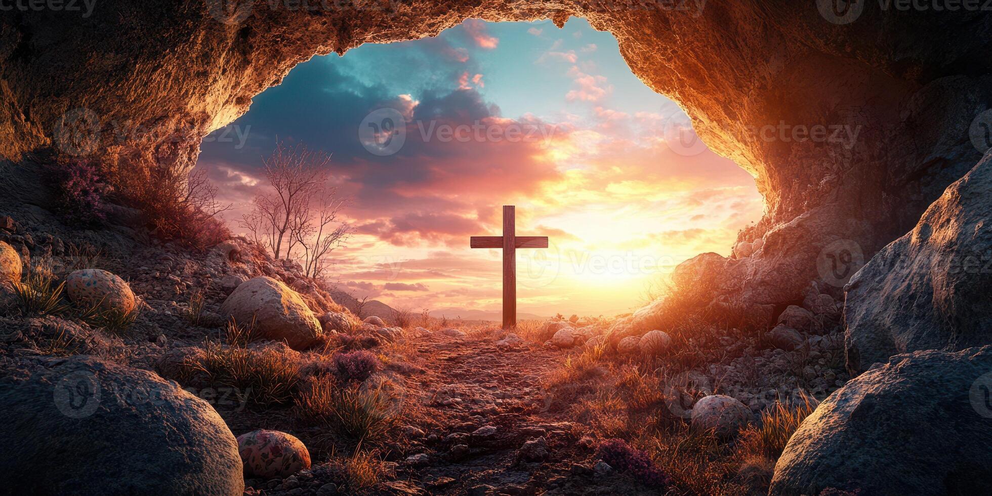 Sunset view from a cave with a cross at the entrance, showcasing serene landscape and colorful sky photo