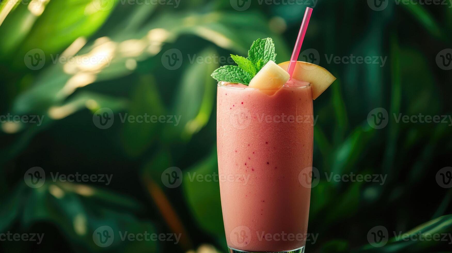 Tropical exotic pink smoothie decorated with mint and fruit in a glass jar on a background with palm leaves photo