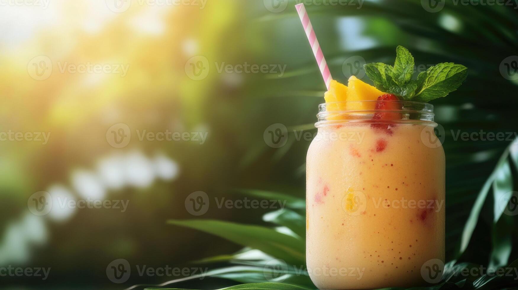 exotic smoothie decorated with mint and fruit in a glass jar on a tropical background with soft sunlight photo