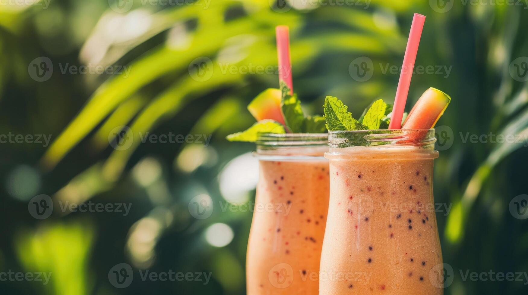 2 jars of fruit smoothie decorated with mint and fruit on a tropical background photo