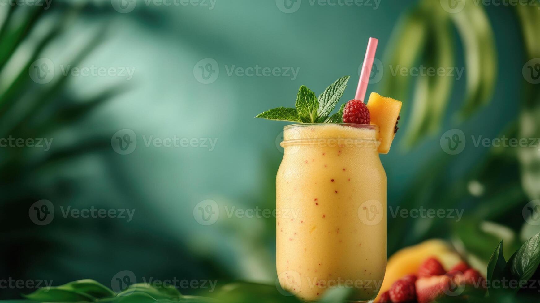 Tropical exotic tasty smoothie decorated with mint and fruit in a glass jar on a background with palm leaves photo
