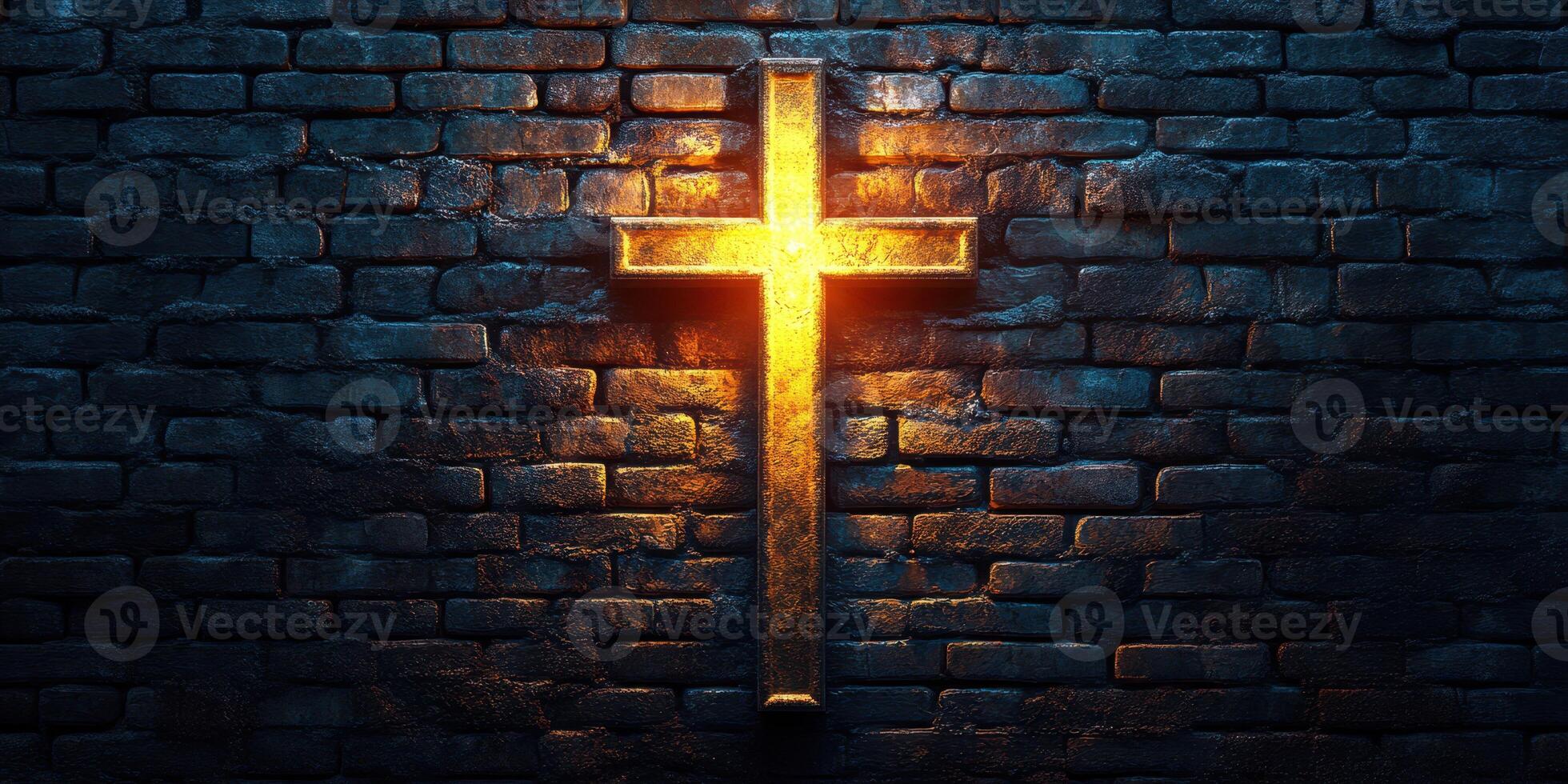 Illuminated cross on a dark brick wall creates a striking spiritual ambiance in a dimly lit space photo