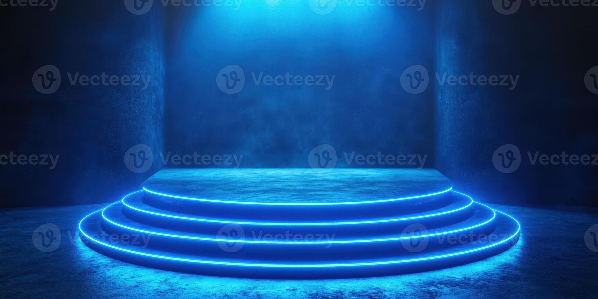 Modern stage with blue lighting effects suitable for performances and events in a darkened venue photo