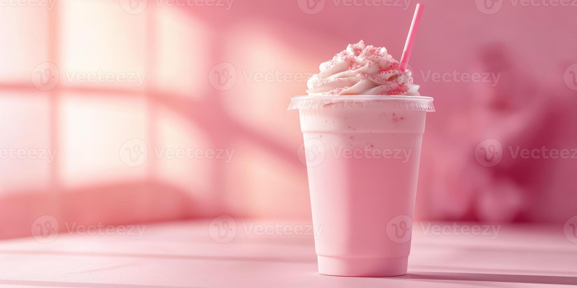 Freshly made pink milkshake with whipped cream served in a clear cup in a bright cafe setting photo