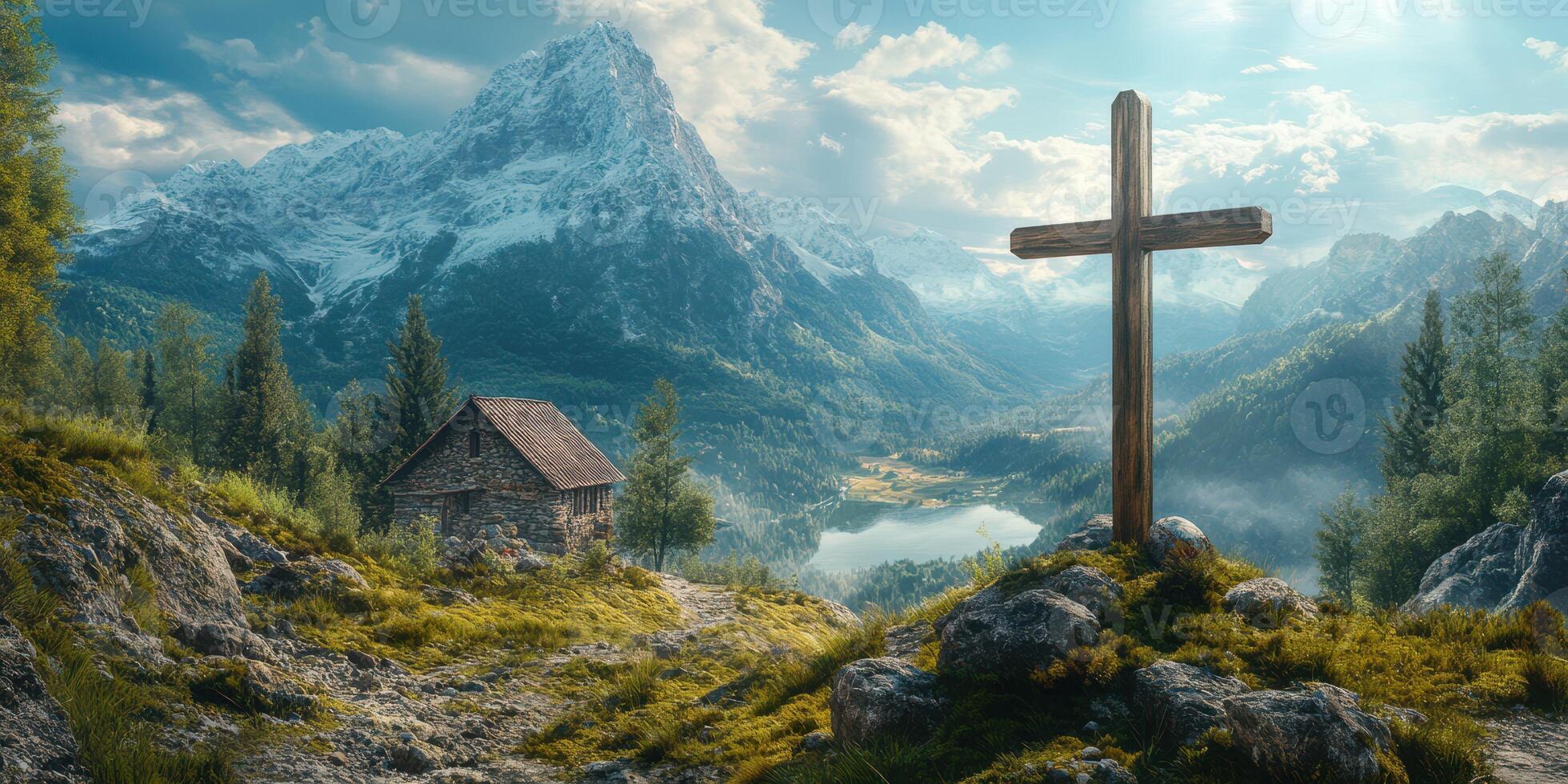 Mountain landscape featuring a wooden cross near a cabin reflected in a serene lake under a cloudy sky photo