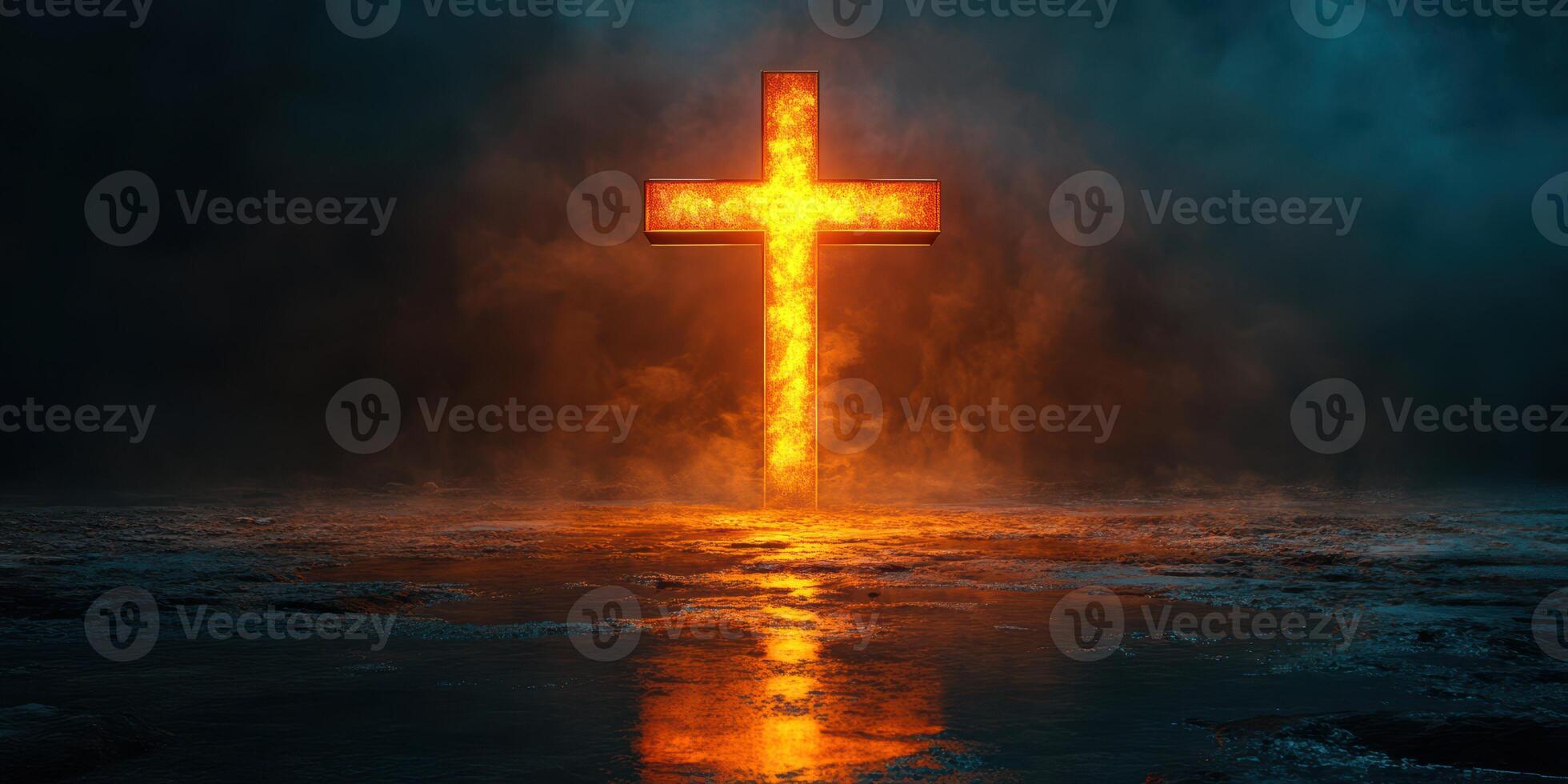 Illuminated cross shines brightly over dark waters in a dramatic setting at twilight photo