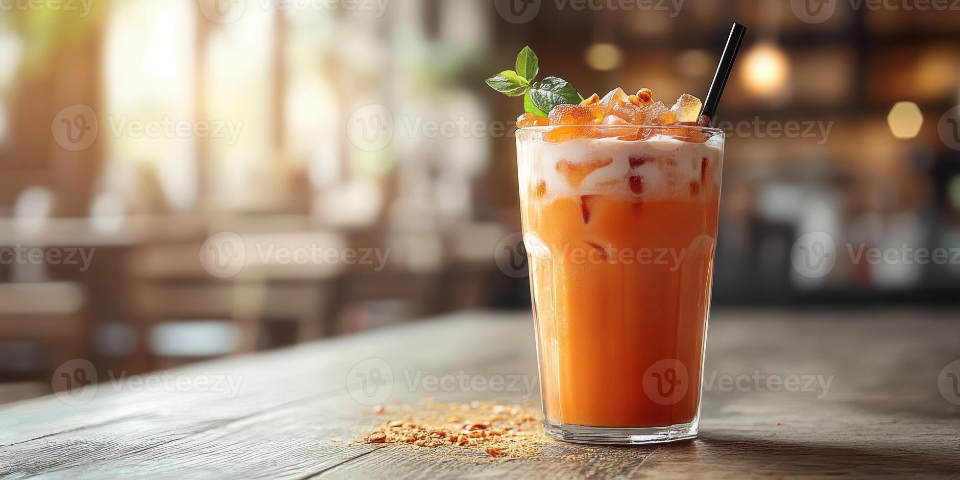 Refreshing iced beverage with tropical flavors served in a glass at a cafe during a sunny afternoon photo