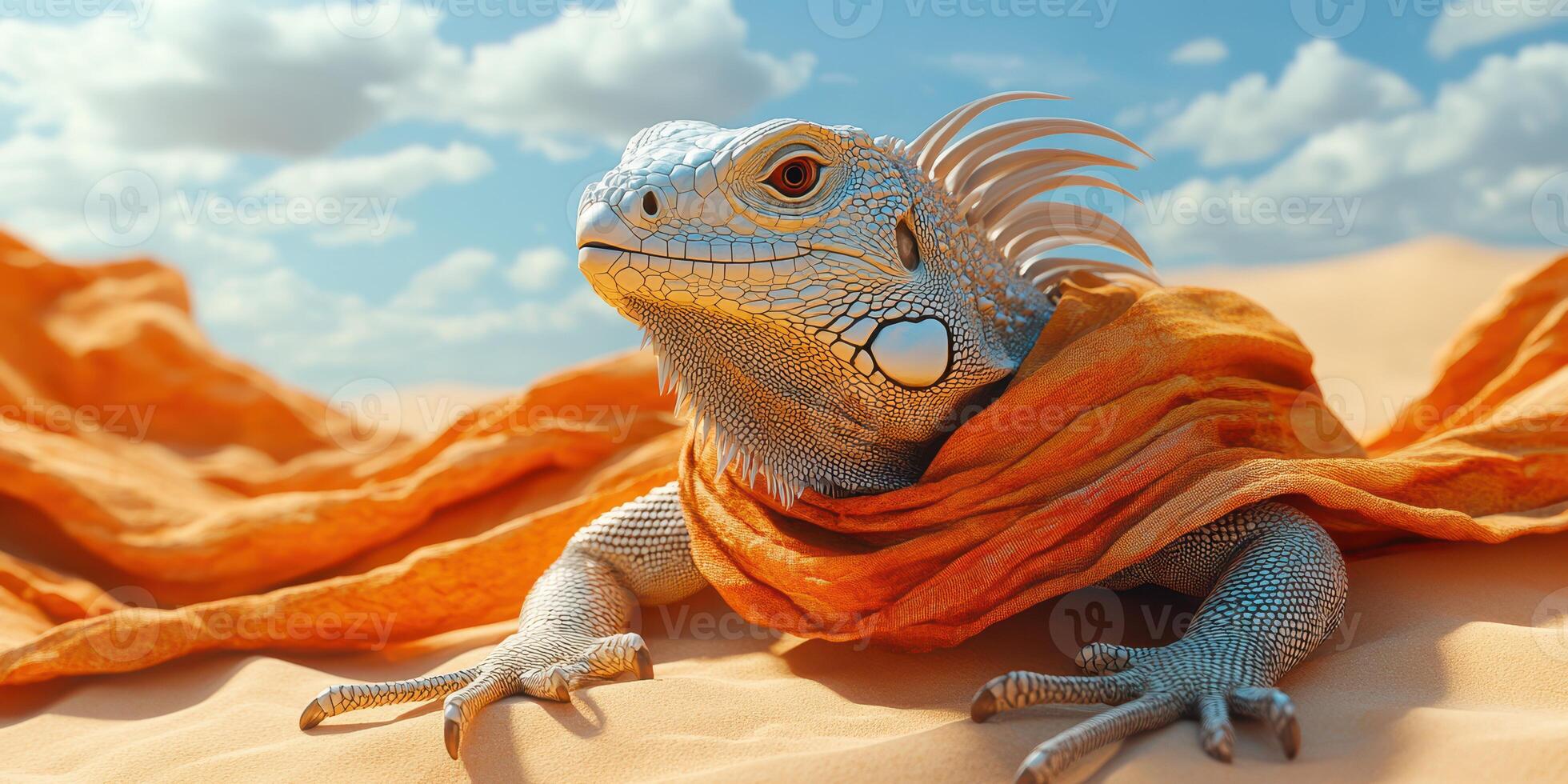 Lizard resting on sandy desert landscape under blue sky with fluffy clouds during mid-afternoon sunlight photo