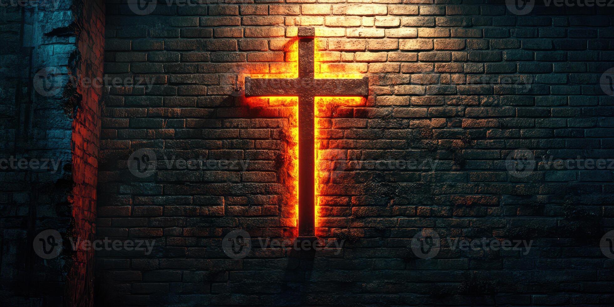 Illuminated cross on a brick wall creates an evocative atmosphere in a dimly lit setting photo