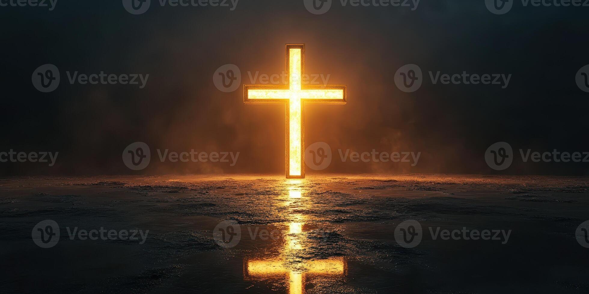 Illuminated cross stands in a dark environment, symbolizing hope and faith in a spiritual context photo