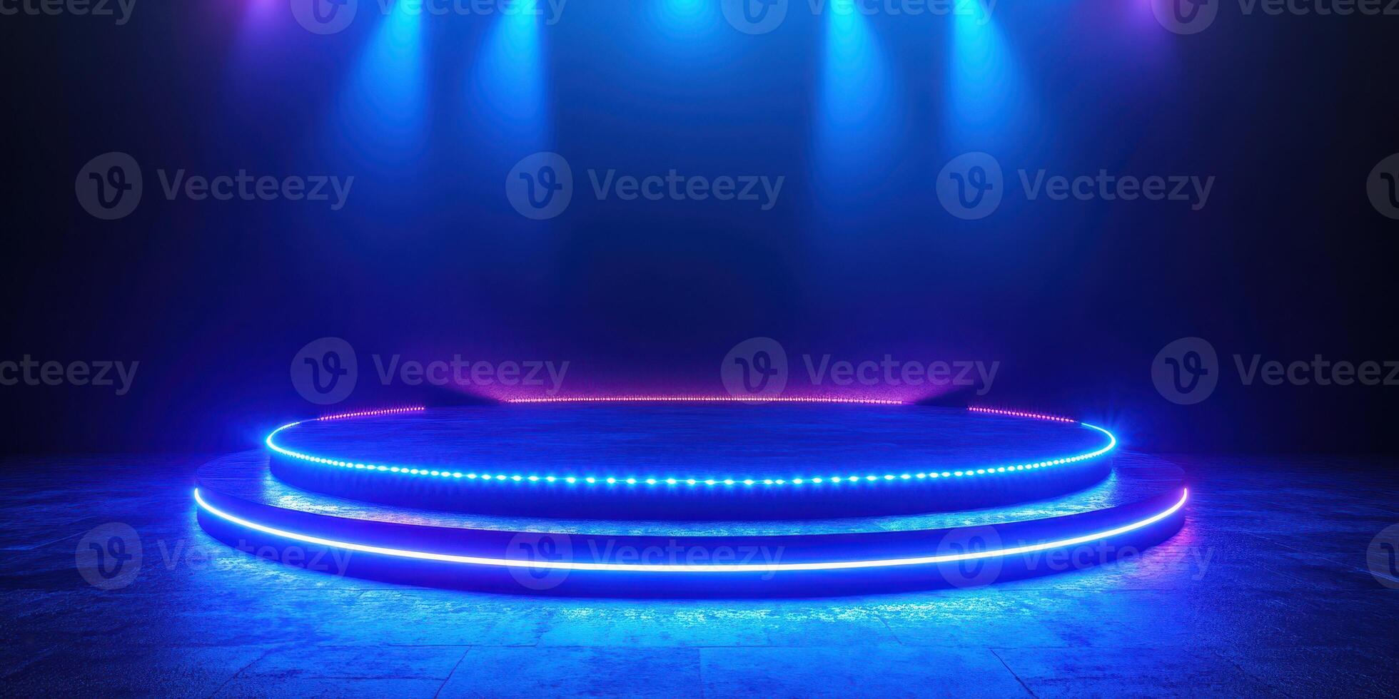 Brightly lit stage with blue and purple lights ready for a performance in an event hall at night photo