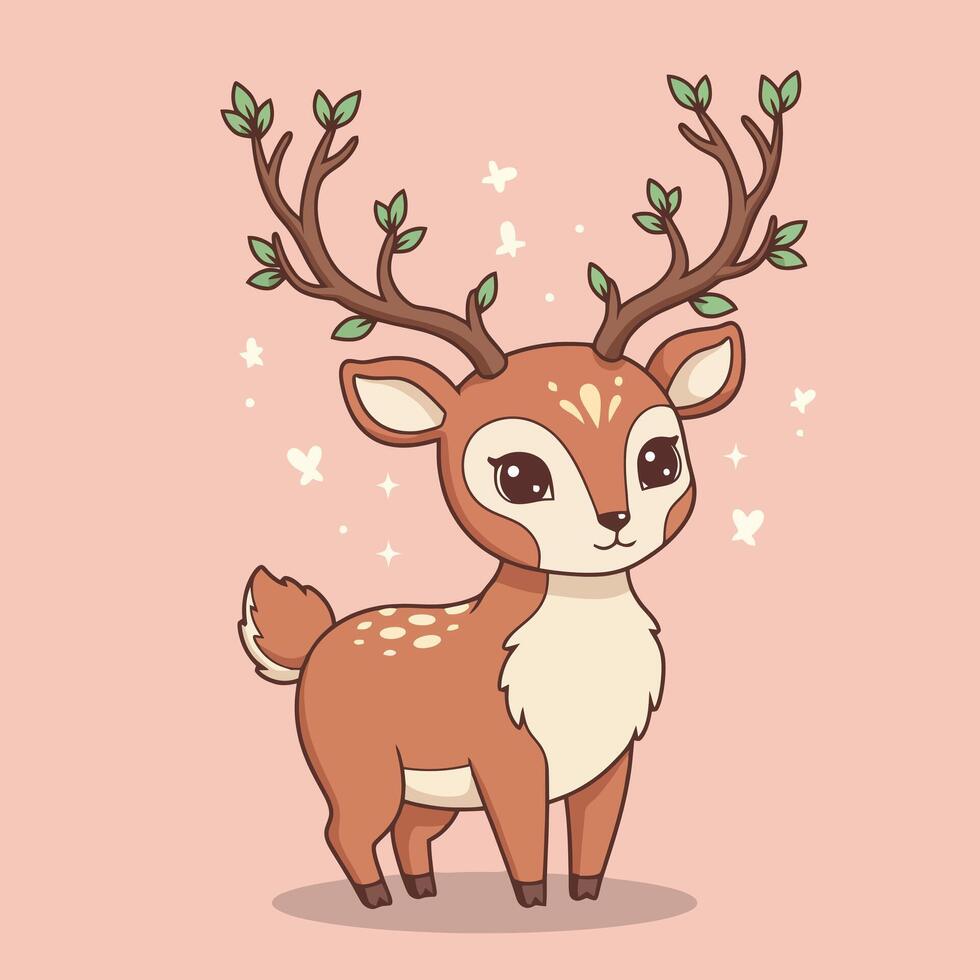Cartoon Deer Standing with Leaves on Antlers in Dreamy Setting vector