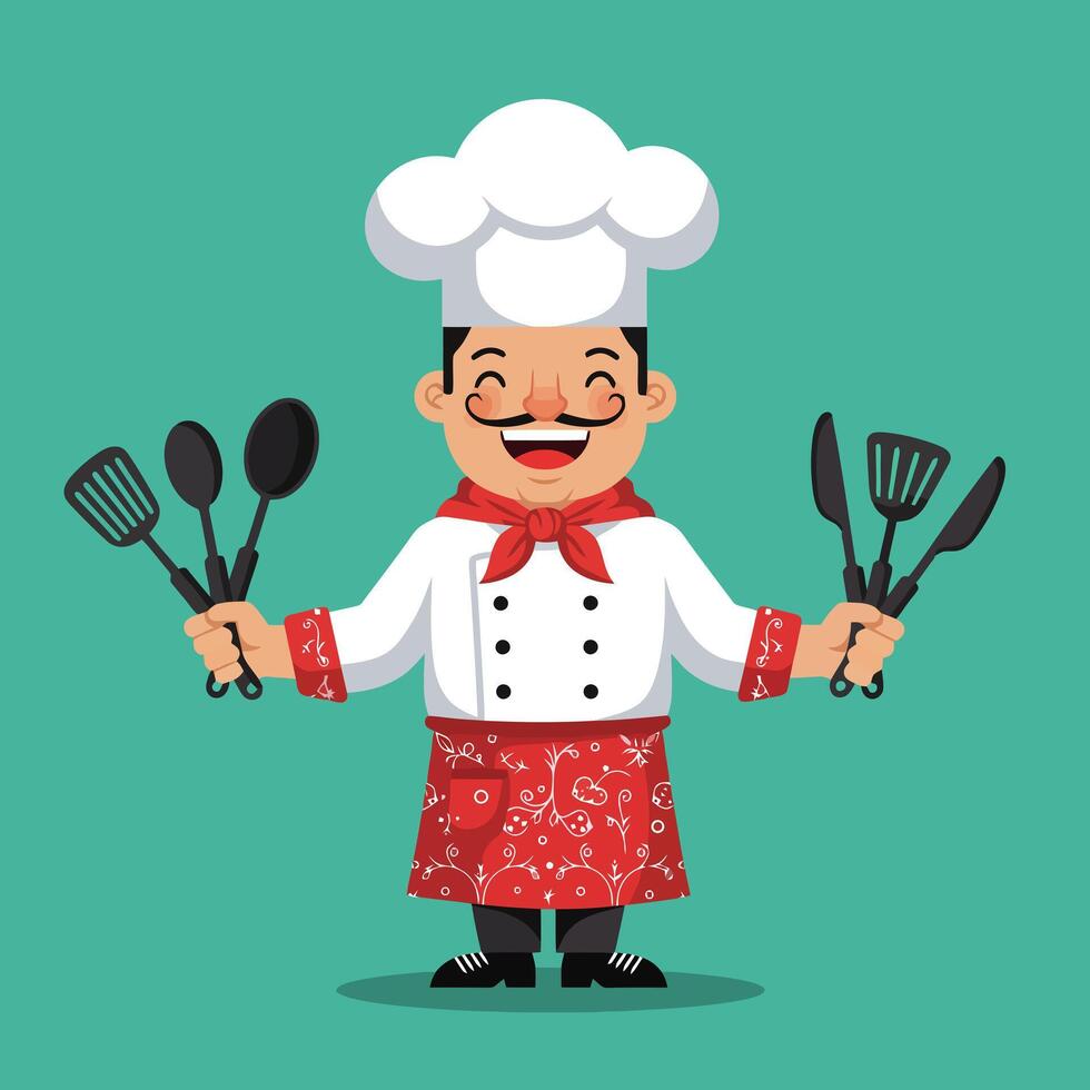Smiling Chef Holding Cooking Utensils Ready for Food Preparation vector