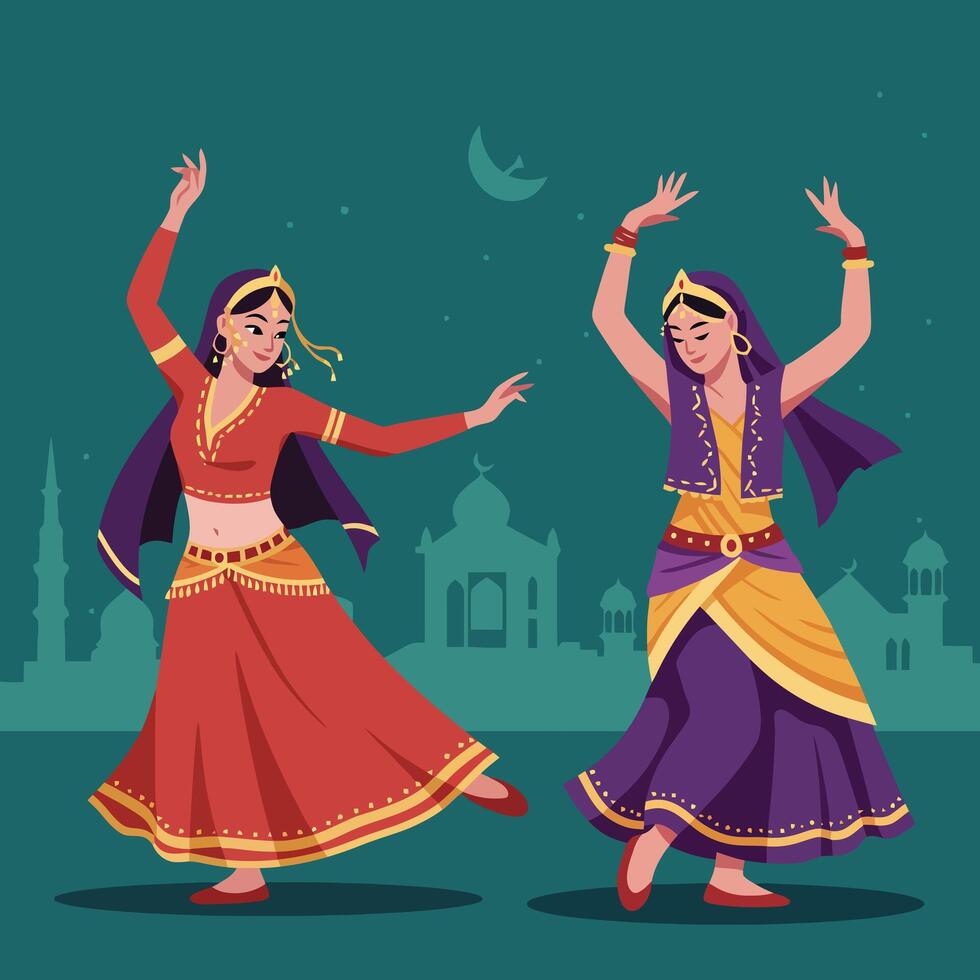 Indian Dance Performance with Women in Traditional Dress Against Cityscape vector