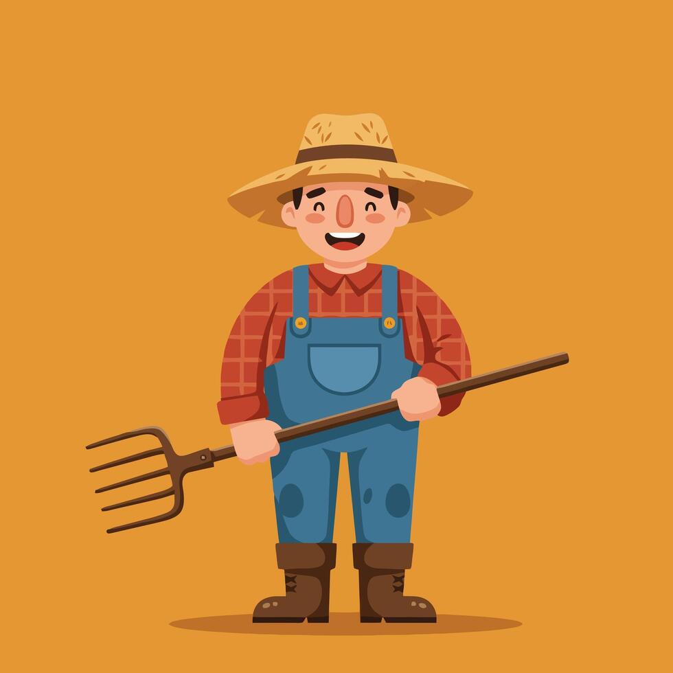 Cartoon Farmer Holding Pitchfork Isolated on Solid Background Illustration vector