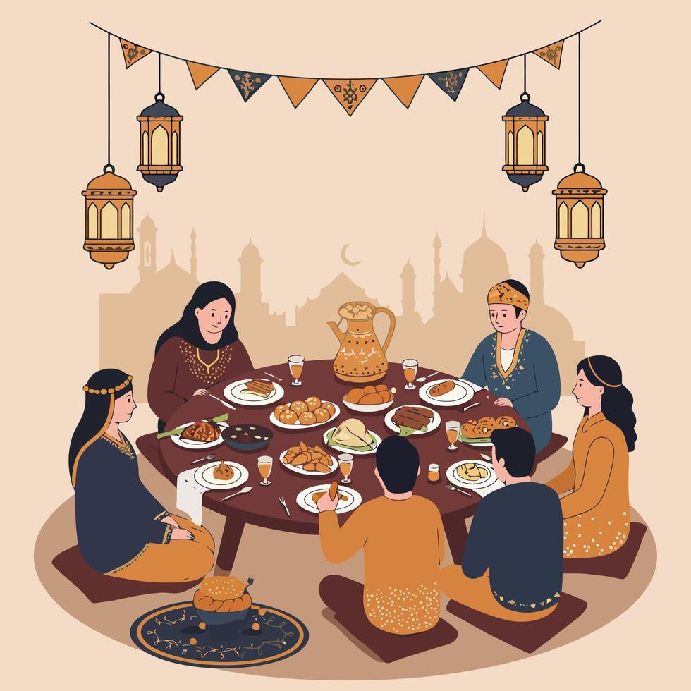 People Gather Around Table Enjoying Meal for Celebration Illustration vector