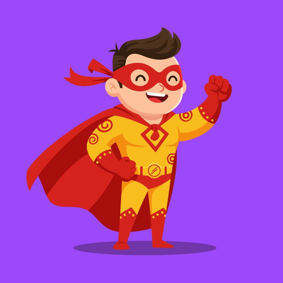 Cartoon Superhero Raising Arm with Cape and Mask on Purple Background vector
