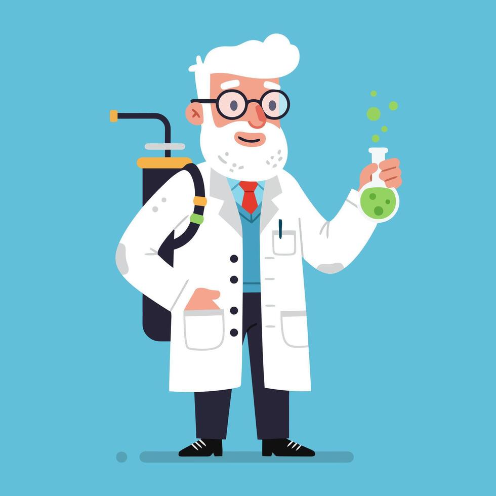 Scientist Holding Flask with Green Liquid in Lab Coat Cartoon vector